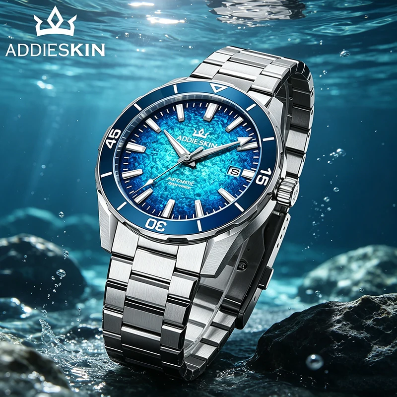 Relógio Masculino ADDIESKIN K005 com Movimento Miyota 9015, Mostrador 3D Gradiente Azul, Cerâmica Azul e Resistência à Água 200m