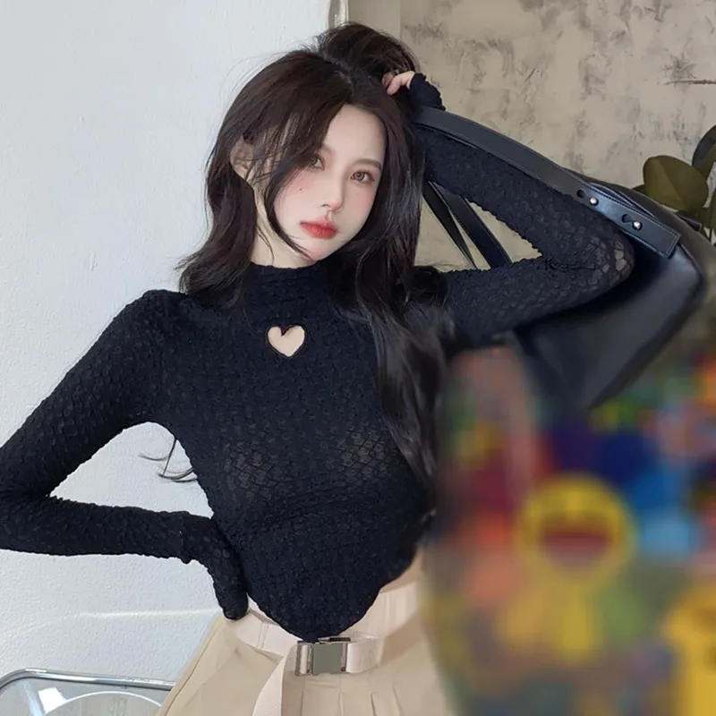 Women\'s Tops Half High Collar Love Hollow Out Irregular Slim Sweet Long Sleeves Lace T-Shirt Solid Color