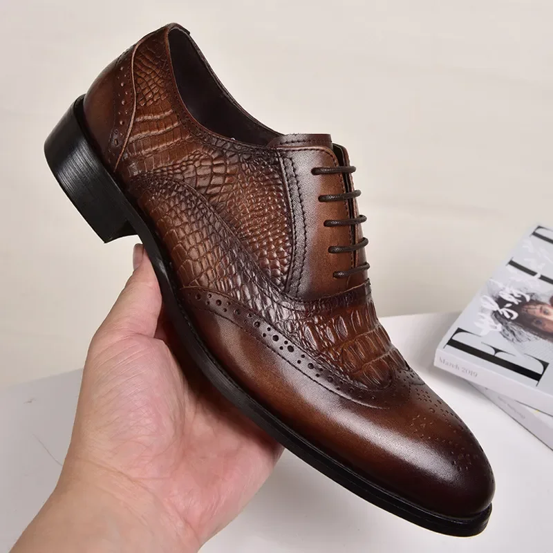 Chaussures rétro en cuir de crocodile pour hommes, Oxford Brock, décontracté, formel, printemps, automne, nouveau, 2022