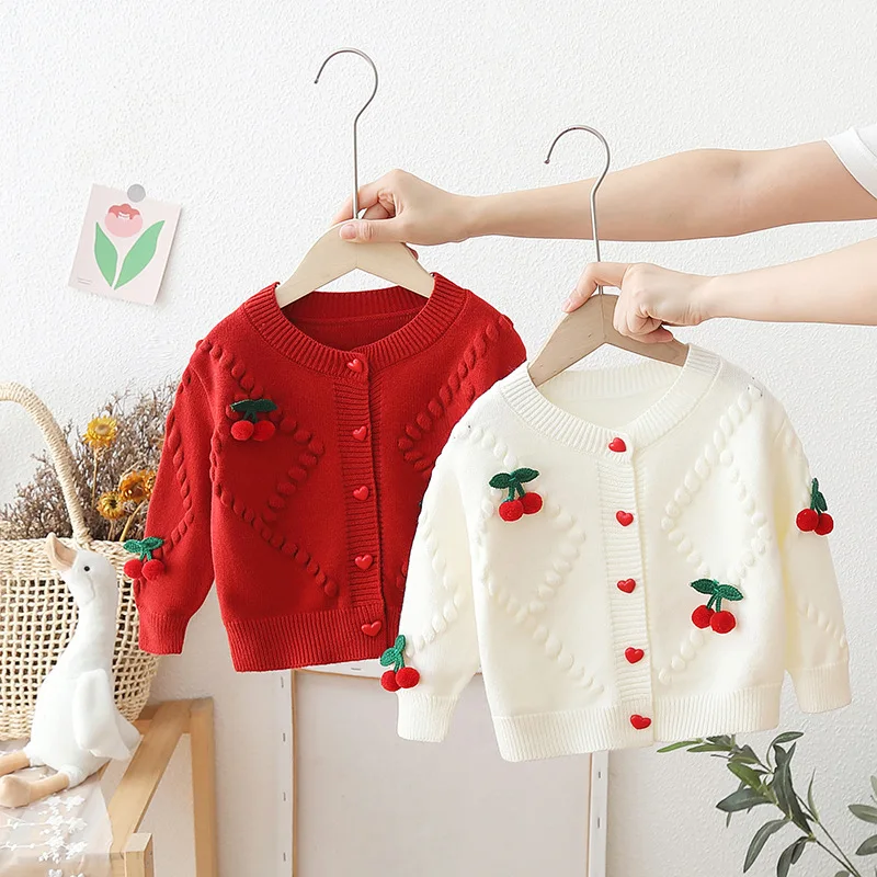 

Girls' Sweaters Cardigan Spring Autumn New Love Button Warm Sweater Coats Korean Girls Cute Cherry Thicked Knitted Tops