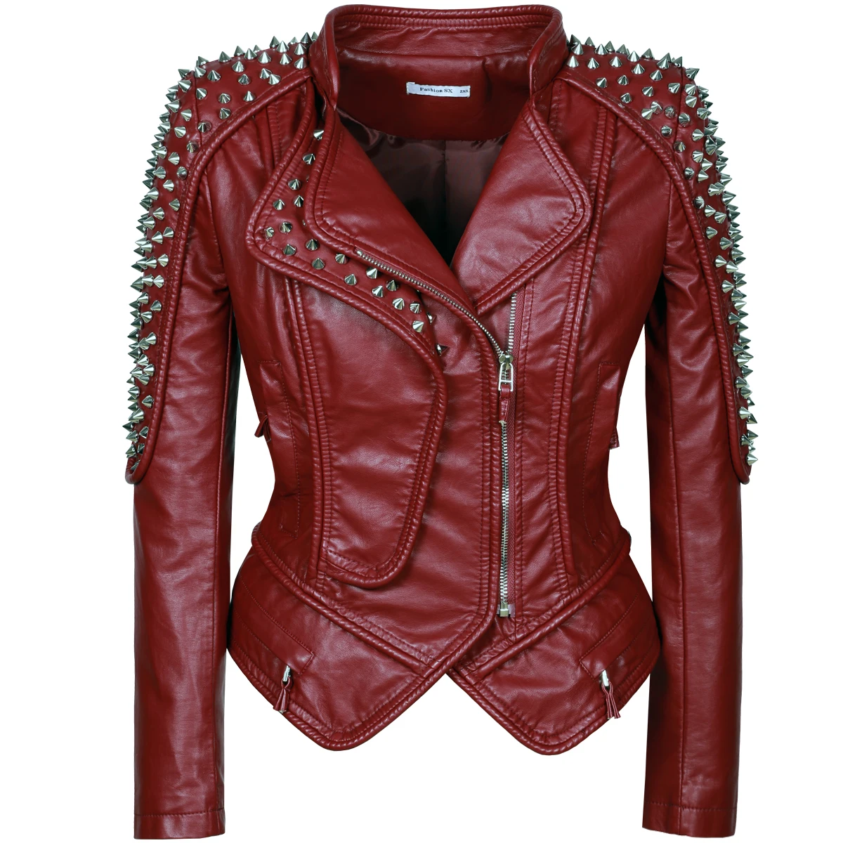 Fashion SX Women\'s Decorative Rivet Large Tight Coat Singer Motorcycle Racing Bicycle PU Jacket