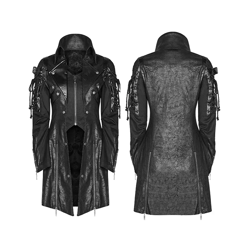 PUNK RAVE Punk Military Autumn Winter Jacket Western PU Leather Slit Unisex Gothic Retro Style Faux  Men Long Coats