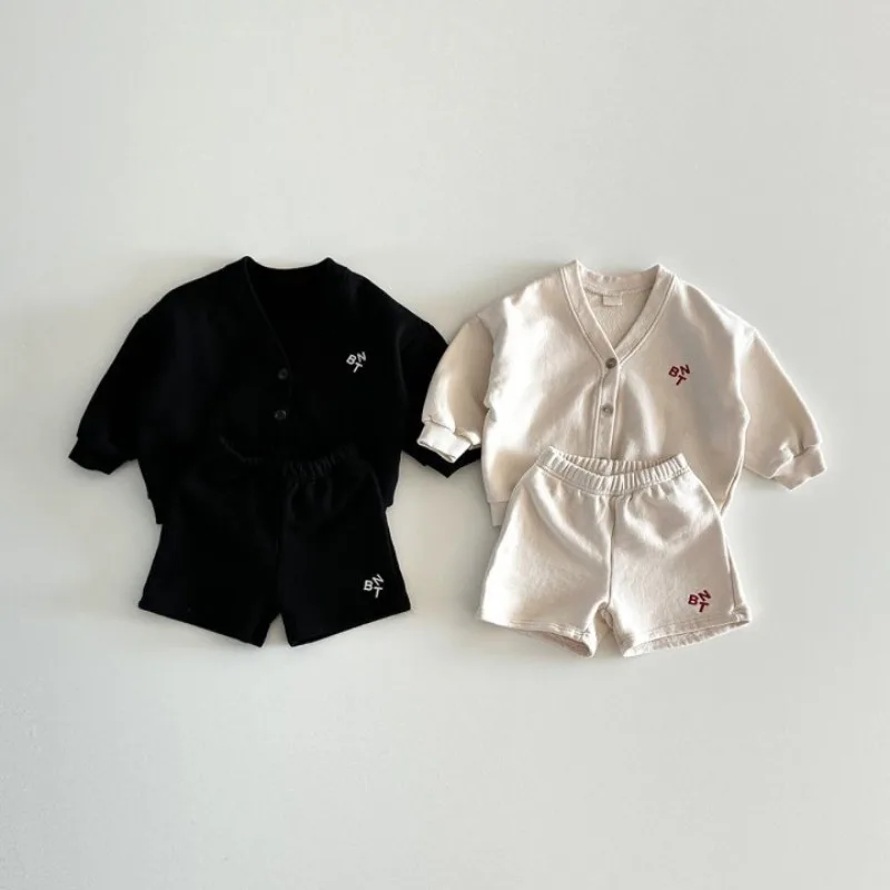 2024 Spring New Baby Long Sleeve Clothes Set Infant Girl Cotton Letter Cardigan + Shorts 2pcs Suit Toddler Boys Casual Outfits