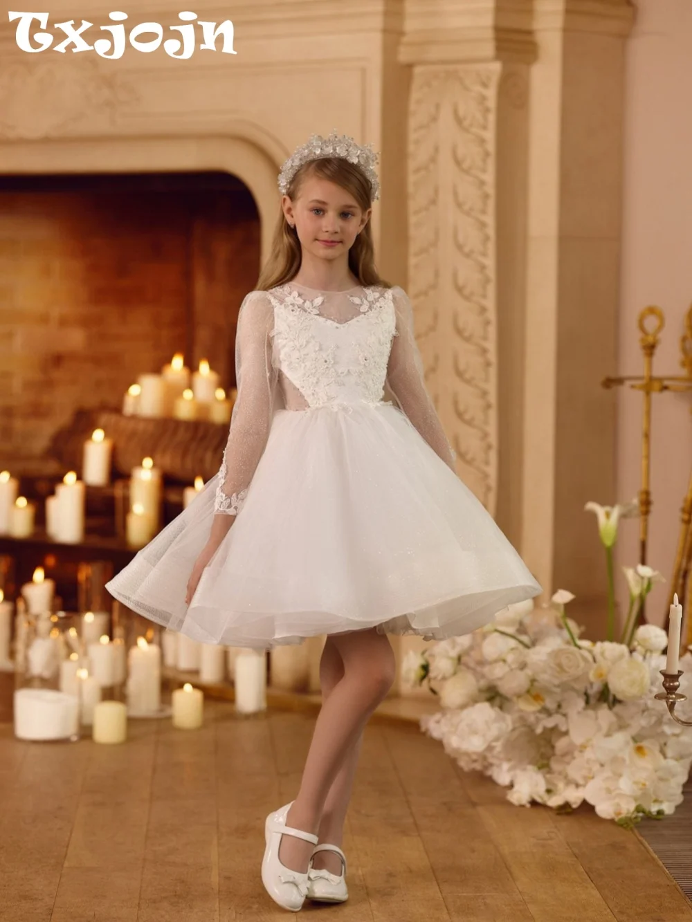 Txjojn Delicate Beaded 3D Floral Kids Princess Gown First Communion Wear Glitter Tulle Mini Girls Dresses Dancing Wear 2-14Y