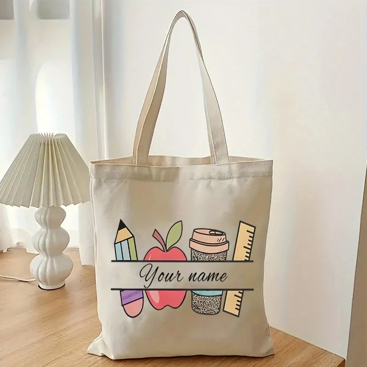 

Personalized Customizable Name Tote Bag with Pencil Apple Coffee Design Reusable Shopping Bag for Teachers Graduation Gifts