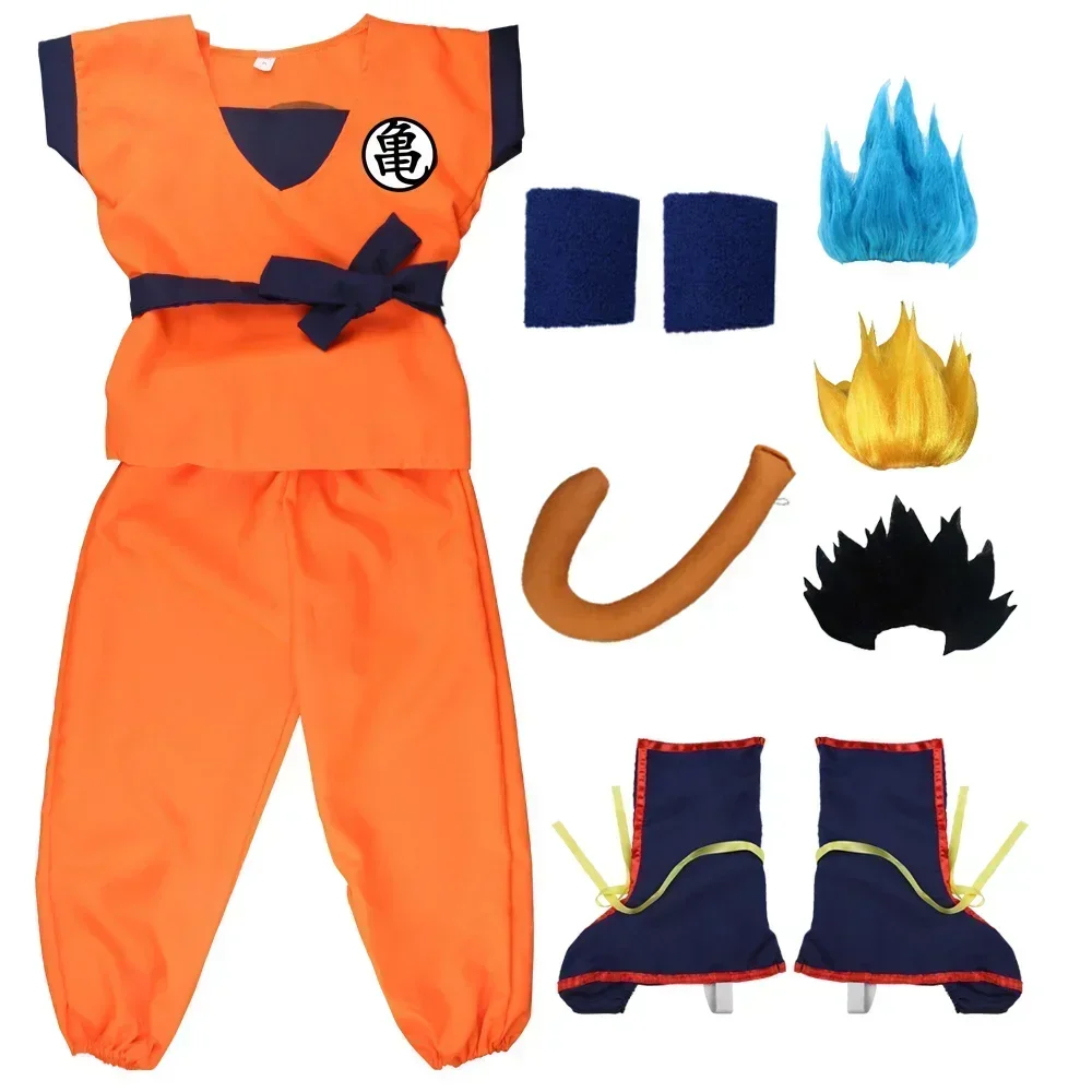 Halloween adulto crianças ternos son goku gui carnaval anime cosplay trajes de férias cauda pulso peruca azul ouro crianças vestir-se