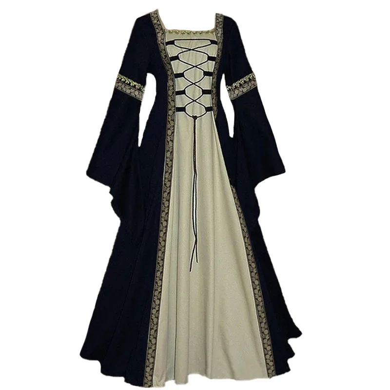 Abito da donna retrò gotico a maniche lunghe retrò celtico, costume cosplay da vampiro, abito elegante da regina a maniche lunghe senza spalline