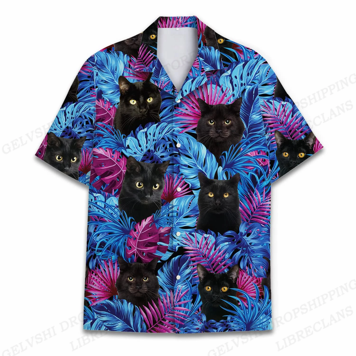 Camisas florales de verano para hombre, camisas de playa con estampado de gato, Camisa de moda hawaiana, blusas casuales, Camisa con solapa de Animal Unisex