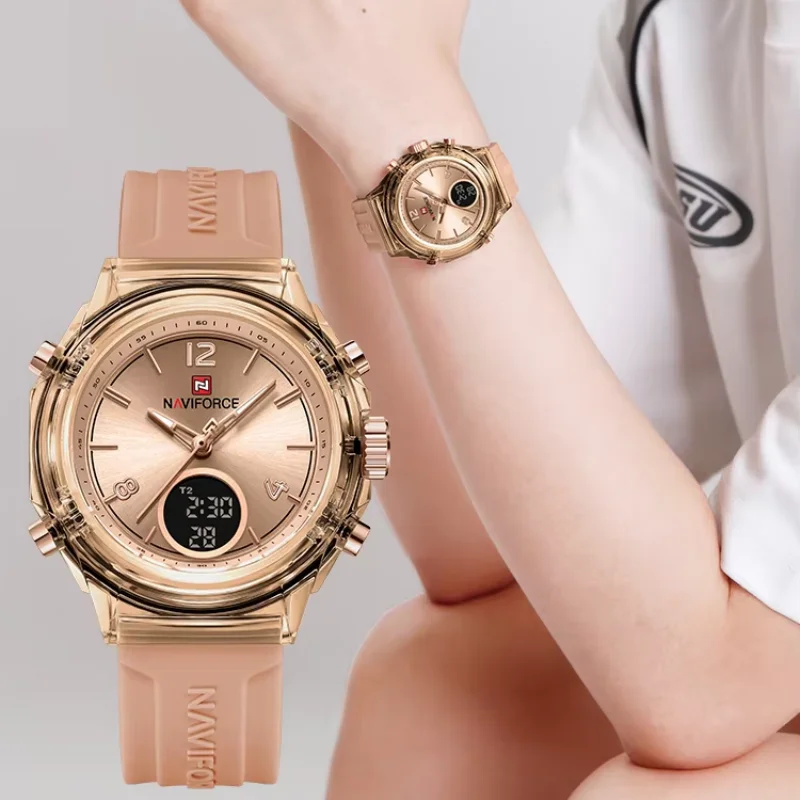 NAVIFORCE Luxury Women's Watch Gold Outdoor Sports Waterproof Watches Dual Time Display Quartz Wristwatches Rubber Digital Clock