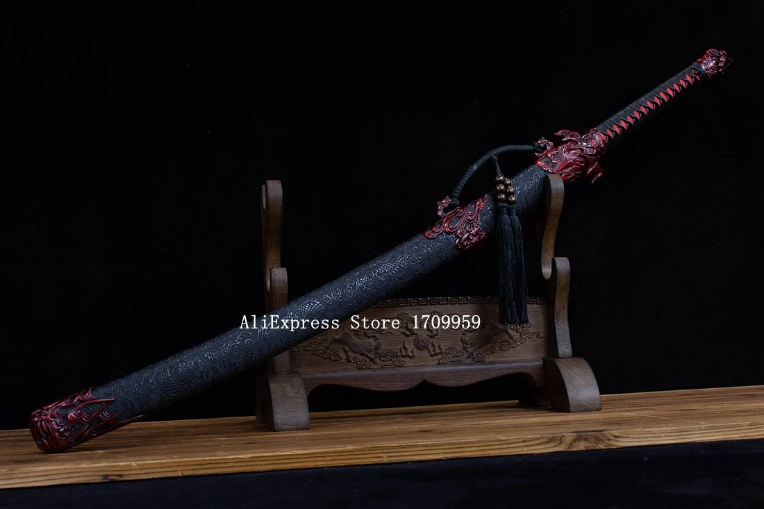 Flame Saber Chinese KungFu Broad Sword Red High Manganese Steel Blade Full Tang Battle Knife WuShu Big Jian