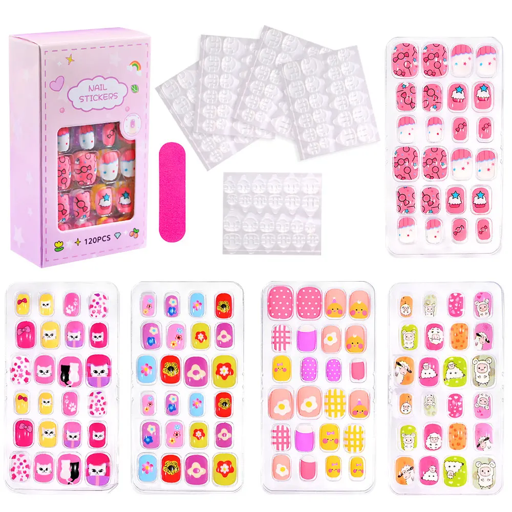 120 Pcs 5 Pack Children Acrylic Fake Nail Press on Gradient Rainbow Short Kids Stick On False Nail Art Kits for Kids Little Girl