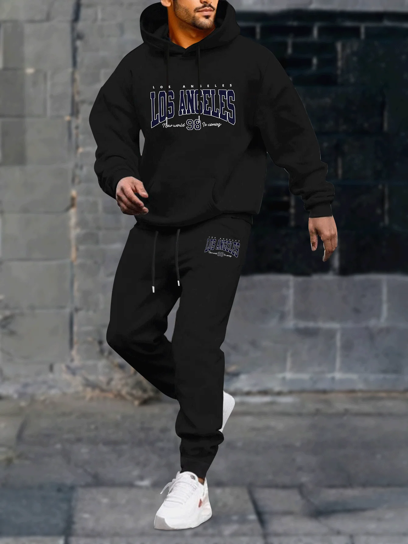 

Men's 2-piece set casual round-neck long-sleeved hooded sweatshirt and sports pants jogging pants outfit for winter and autumn