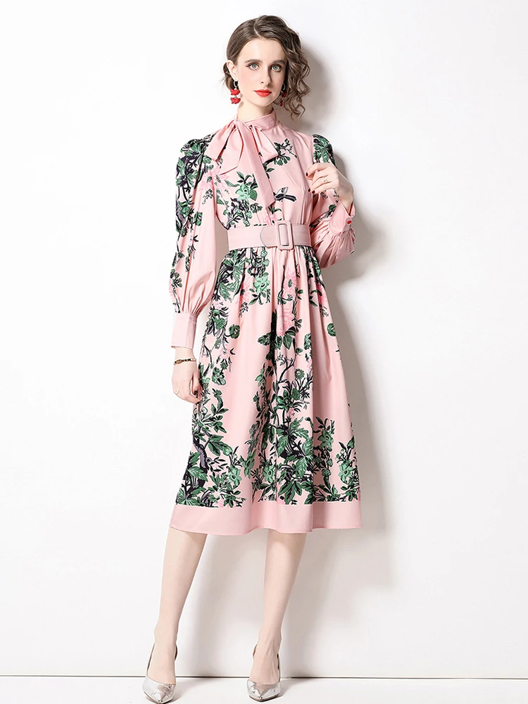 

French Women Flower Midi Dress Spring Summer Bow Tie Collar Long Lantern Sleeve Chic Floral Print Sashes Party Vestidos N8207