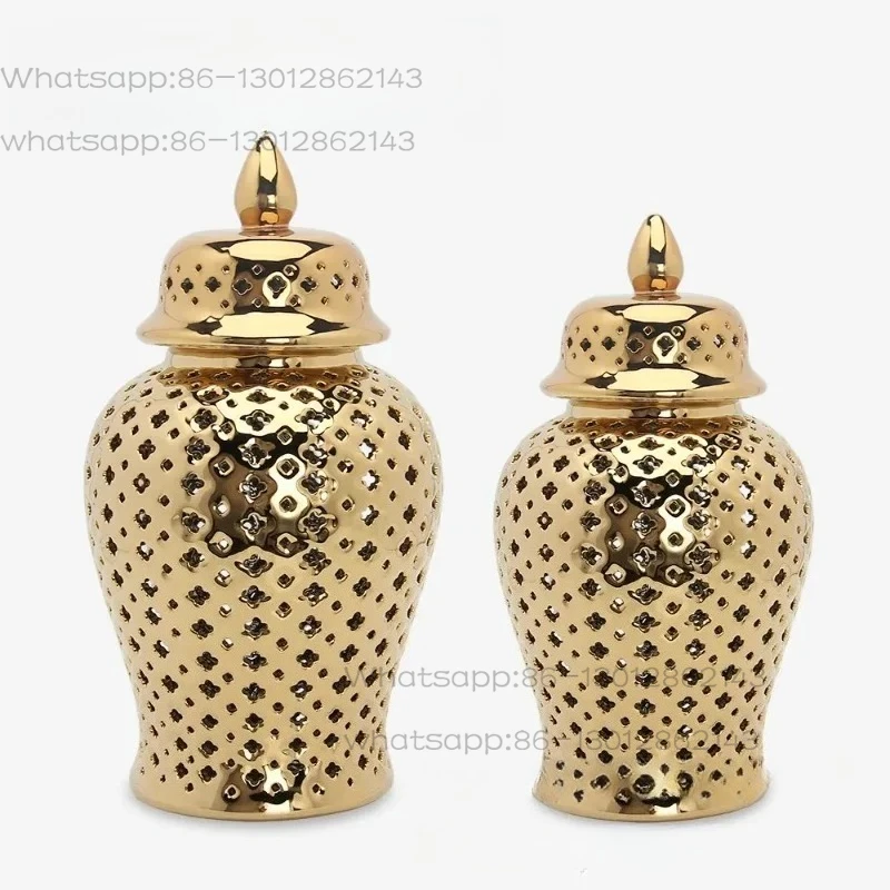Pierced Gold Ceramic Vase Ginger Jar with Lid Hollow Out Storage Jar Bud Vase Carved Lattice Temple Jar for Room Home Decorative