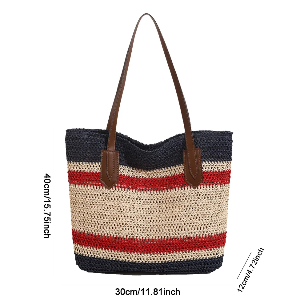 

Summer Beach Bag for Women Large Capacity Tote Bag Color Strip Woven Hobo Bag Zipper Crossbody Bag for Travel Holiday Shopping