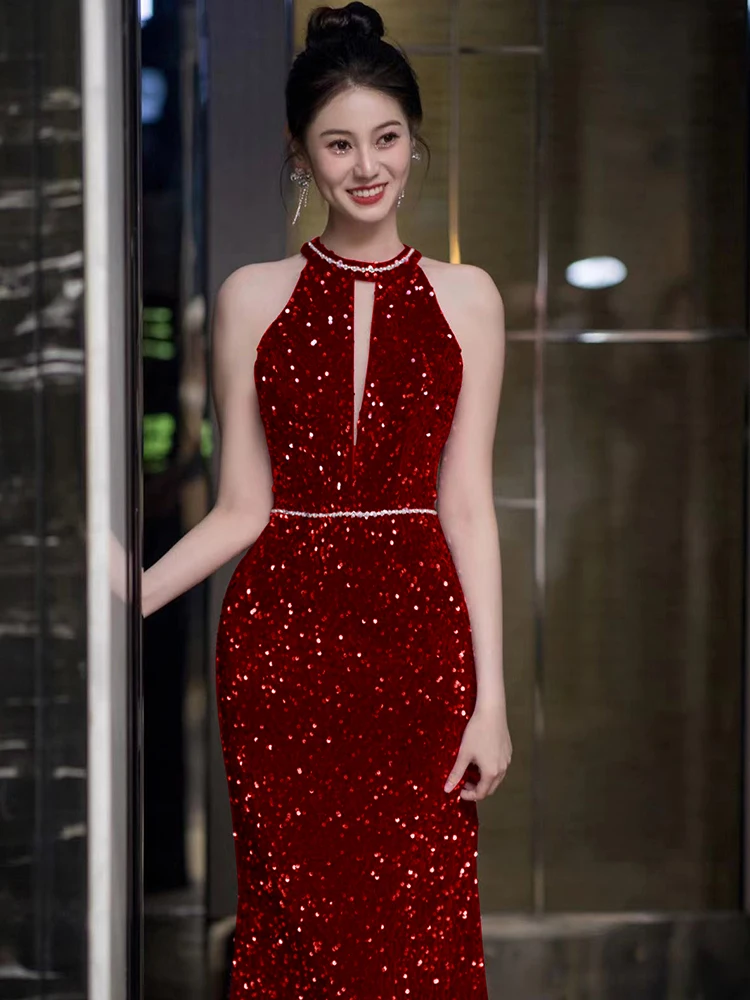 

Exquisite Fi Tail Evening Gown Sexy Bal Sequin Host Dr Luxury Hanging Neline Long Skirt for Par And Wedding