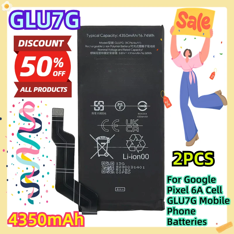 

For Google Pixel 6A Cell GLU7G Mobile Phone Batteries 4350mAh 2pcs
