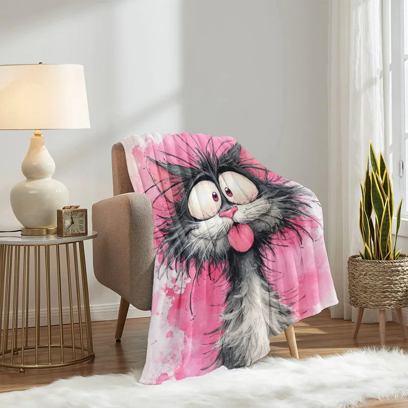 Funny Crazy Fluffy Cat Pink Watercolor Print Flannel Blanket, Soft Warm Bed Blanket for Sofa Bedroom Camping Pet Lover Gift