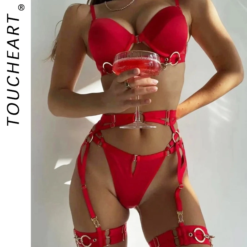 Toucheart Sexy Lingerie Suit with Steel Rings Super Sexy Metal Punk Style Complex Niche Design Showing Off Body Sexy Bra Set New