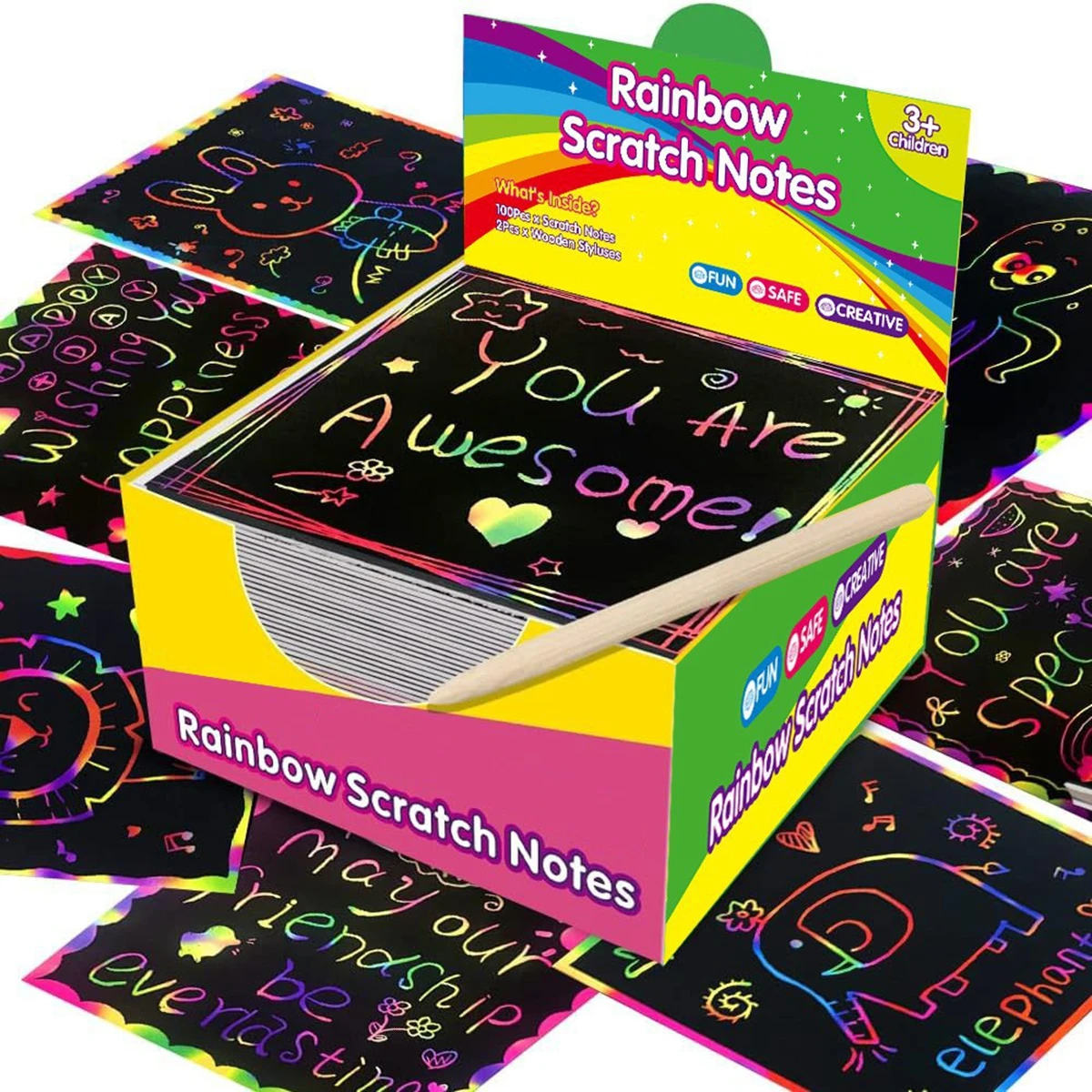 

100pcs Scratch Paper Art Set Scratch Off Rainbow Magic Paper with 2 Bamboo Stylus Black Scratch Notes Xmas Gift Card