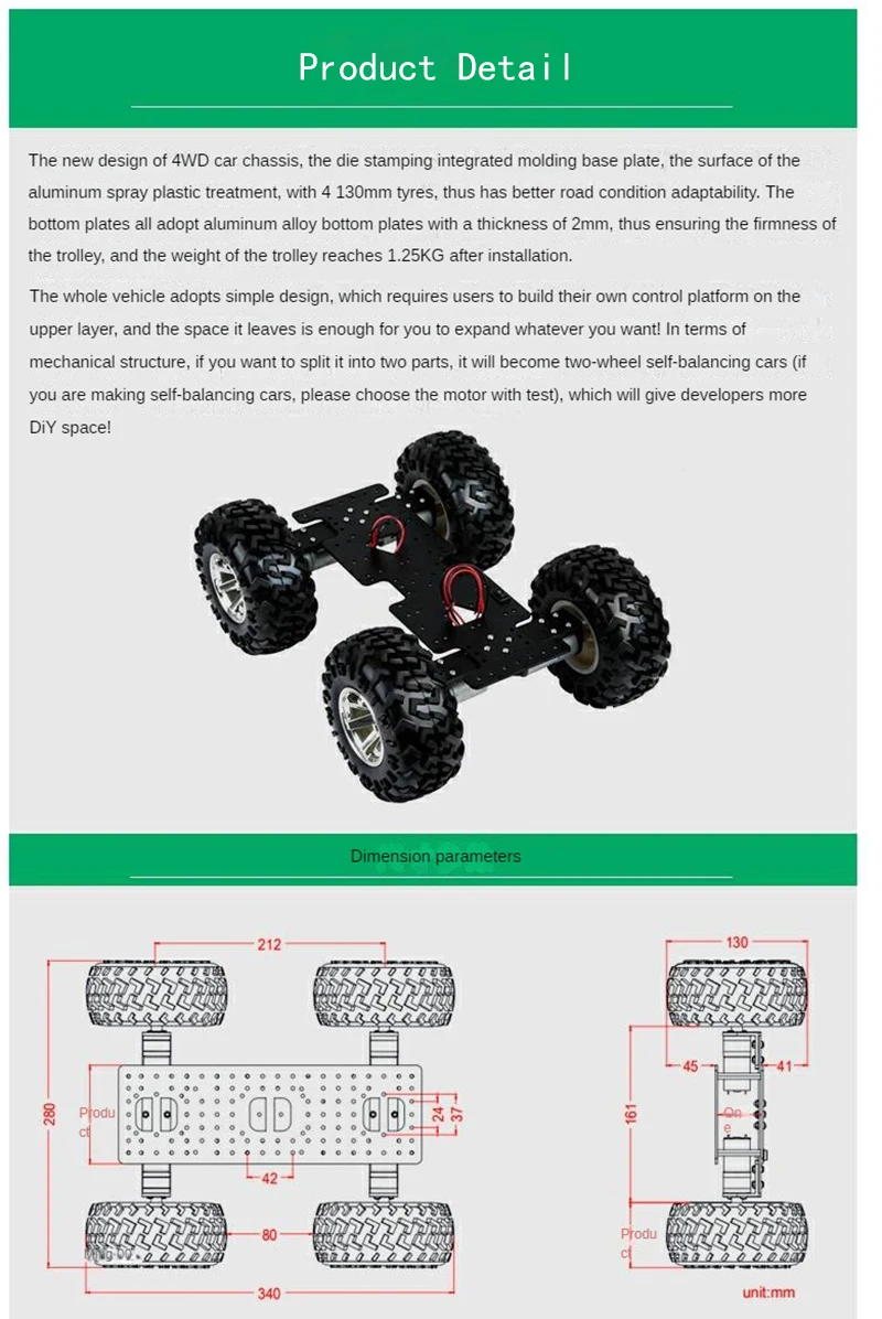 Big Chassis 4WD Robot Car 12V DC Motor Off Road 130mm Wheel Chassis for Arduino Robot DIY Kit Programmable Robotic Car RC Tank