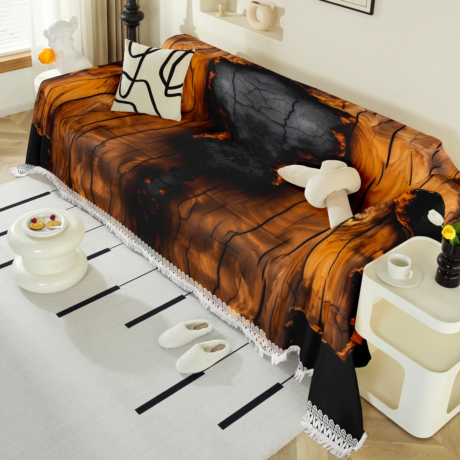 1pc Black Amber Marble Sofa Throw Blanket, Fringe Tassel Couch Cover for Living Room, Soft Washable Protector