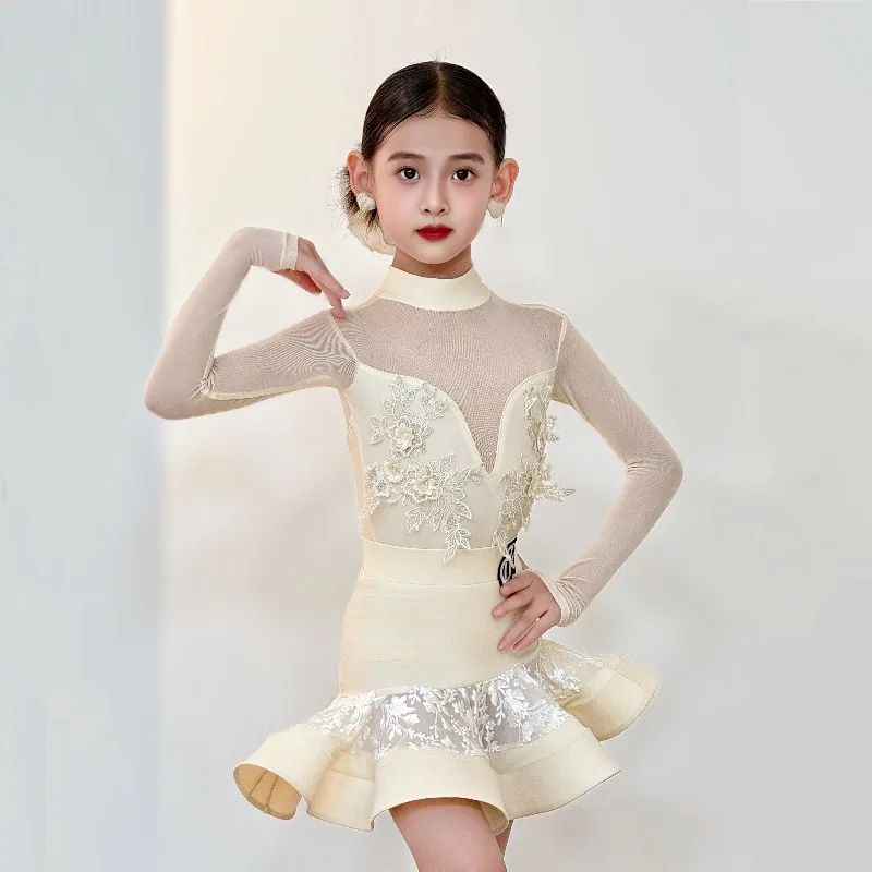 Terno de dança latina para meninas, conjunto de saia de desempenho de prática avançada para outono e inverno com terno de sentido