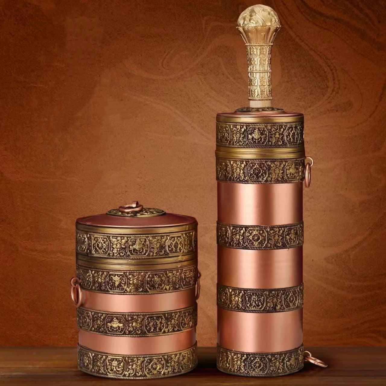 

Nepal Copper Food Organizer Box,Tibetan Eight Auspicious Symbols Silver Butter Tea Storage Jar,Home Buddhist Item Decoration