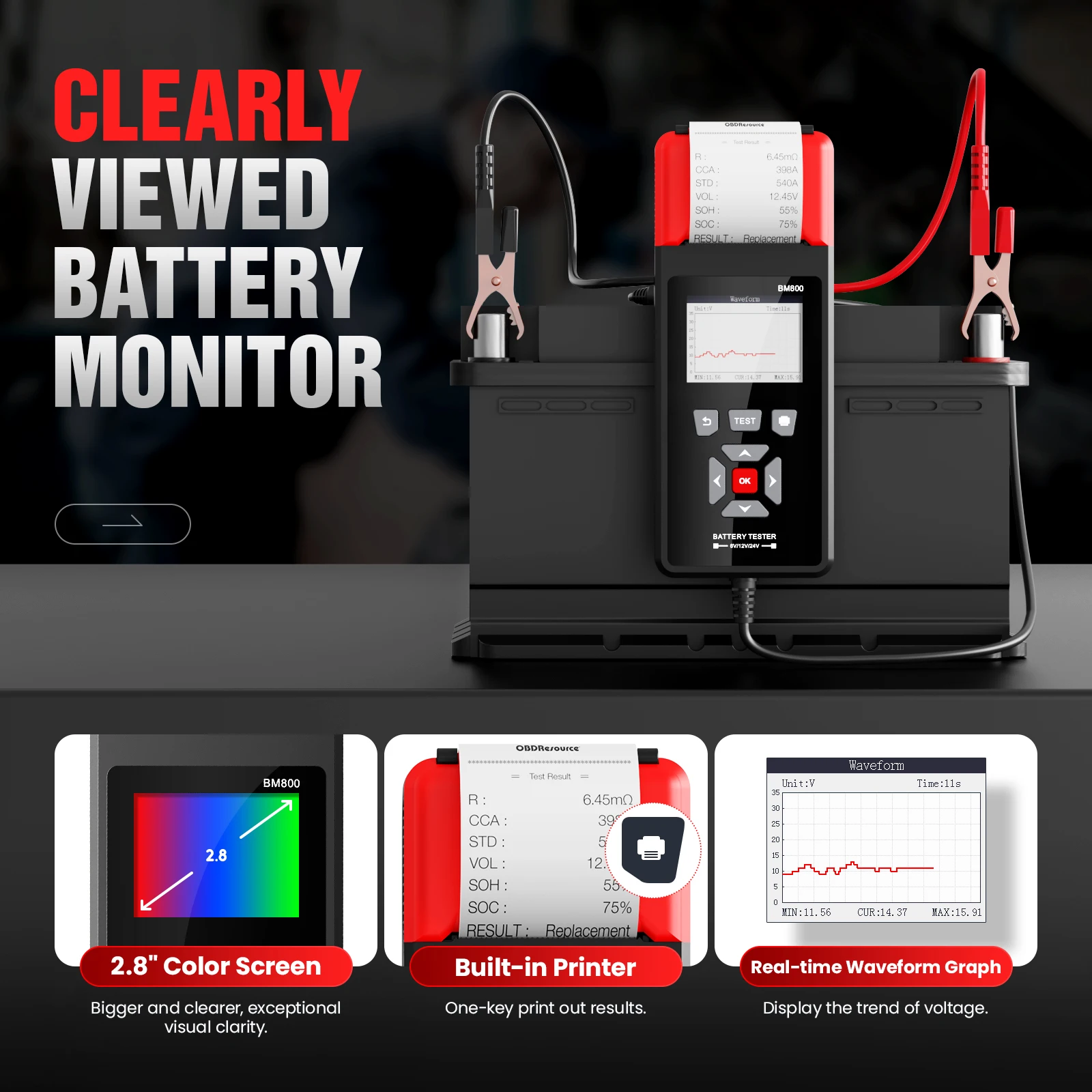 OBDResource Car Battery Tester with Printing Function, Auto Scanner Diagnostic Tool, BM800, 6V, 12V, 24V, Analyzer