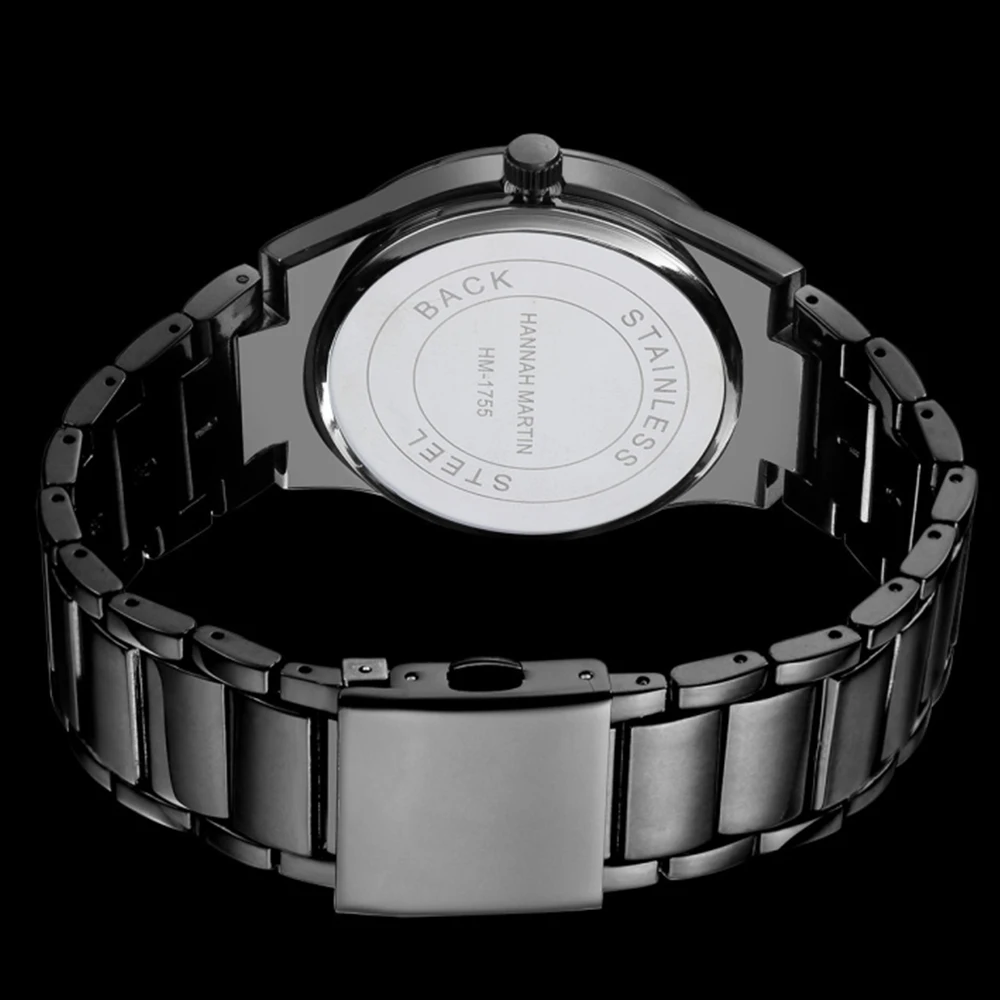 Hannah Martin-男性用ステンレススチールウォッチ,ビジネススタイル,ミニマリストブラックスタイル,3バー,防水,クォーツ,ムーブメント,ファッション