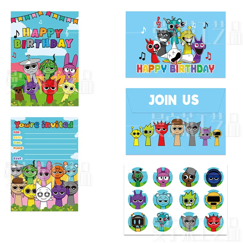 36 adet Sprunki Davetiye Kartı Zarf Çıkartmalar Yeni Incredibox Tebrik Mektubu Doğum Günü Bebek Duş Cinsiyet Ortaya Parti Malzemeleri