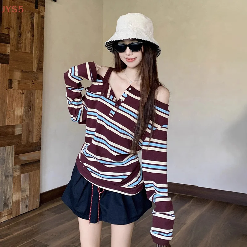 【JYS5】Camiseta informal holgada de manga larga con hombros descubiertos a rayas Retro de otoño para mujer Top elegante