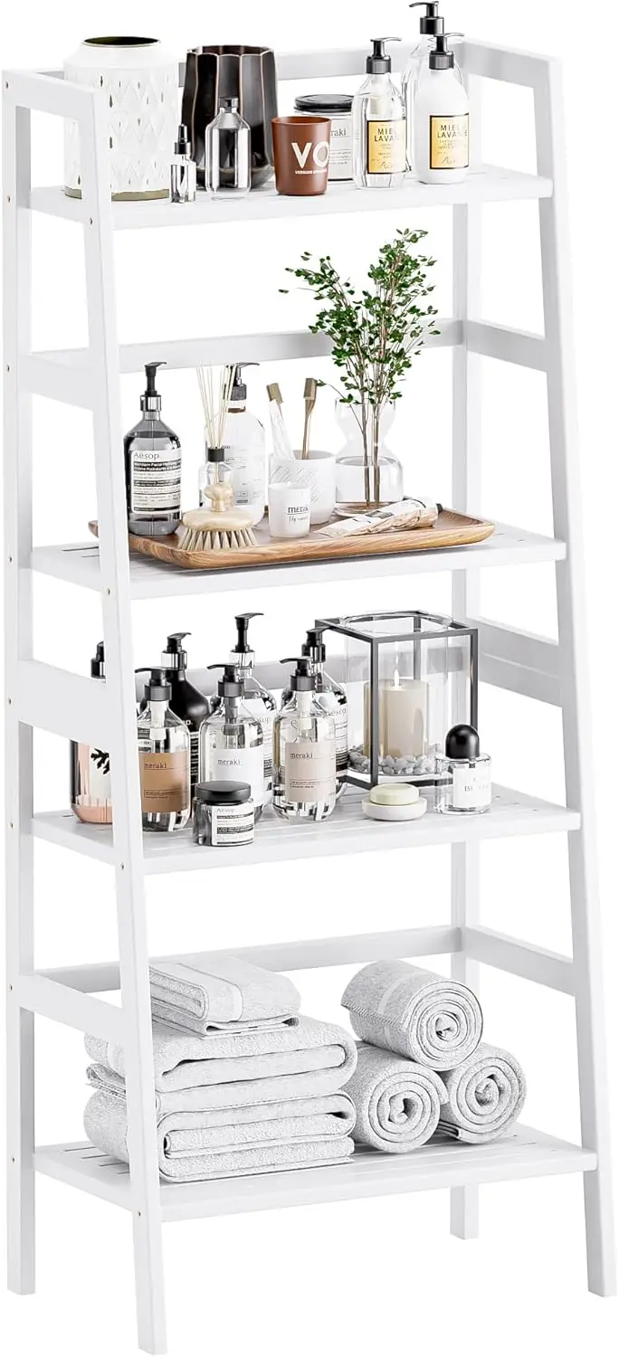 

White Ladder Bookshelf, Leaning Bookcase, 4-Tier Bamboo Shelf, Floor Standing Storage Shelving Unit, Open