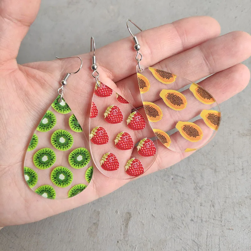 2022 Wholesale Drop-shaped Women's Transparent Summer Fruit Earrings Avocado Strawberry Papaya Kiwi Jewelry for Women Girl