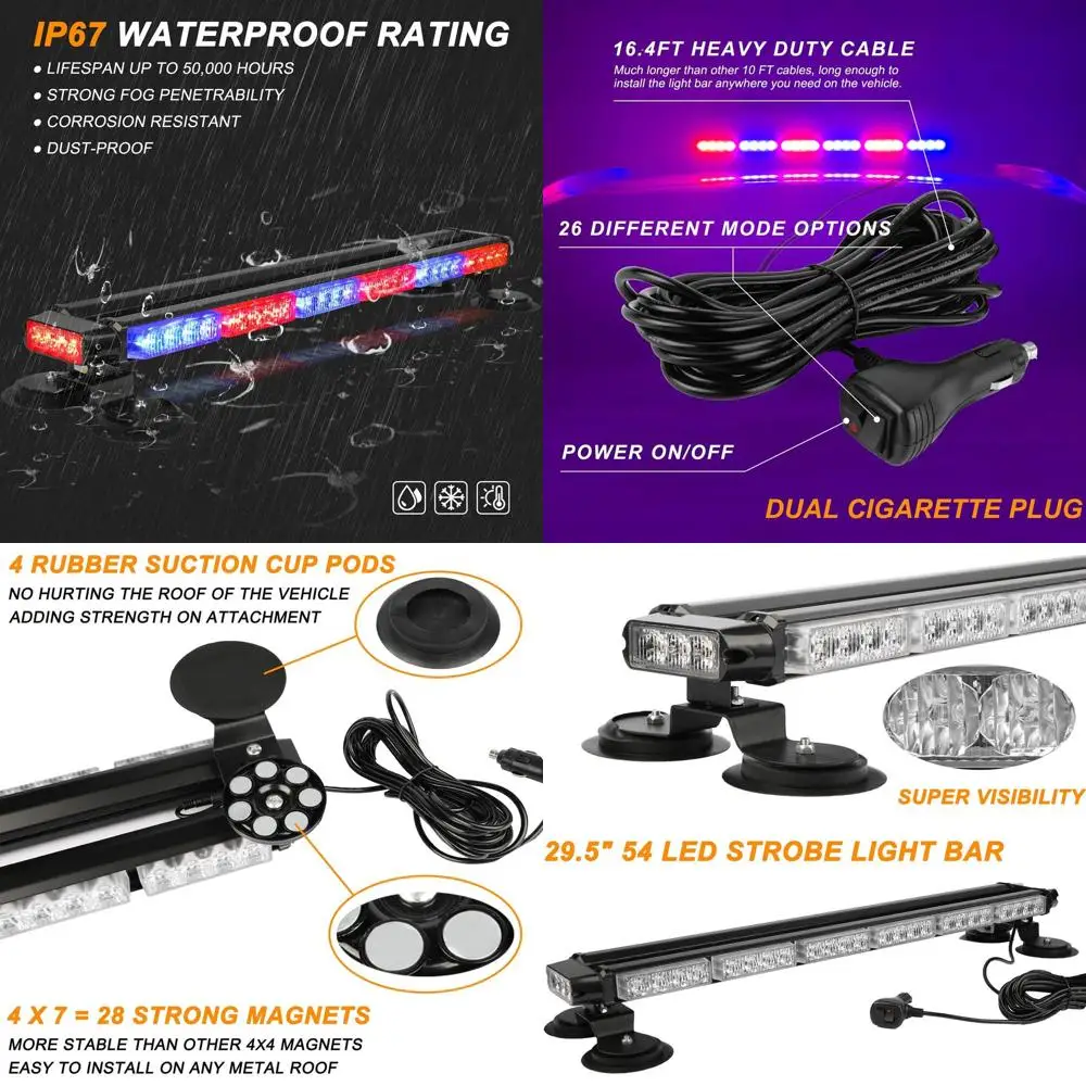 

Dual-Sided 29.5 54 LED High-Intensity Strobe Light Bar with Magnetic Base for Emergency Vehicles and Construction Safety (Red/Bl