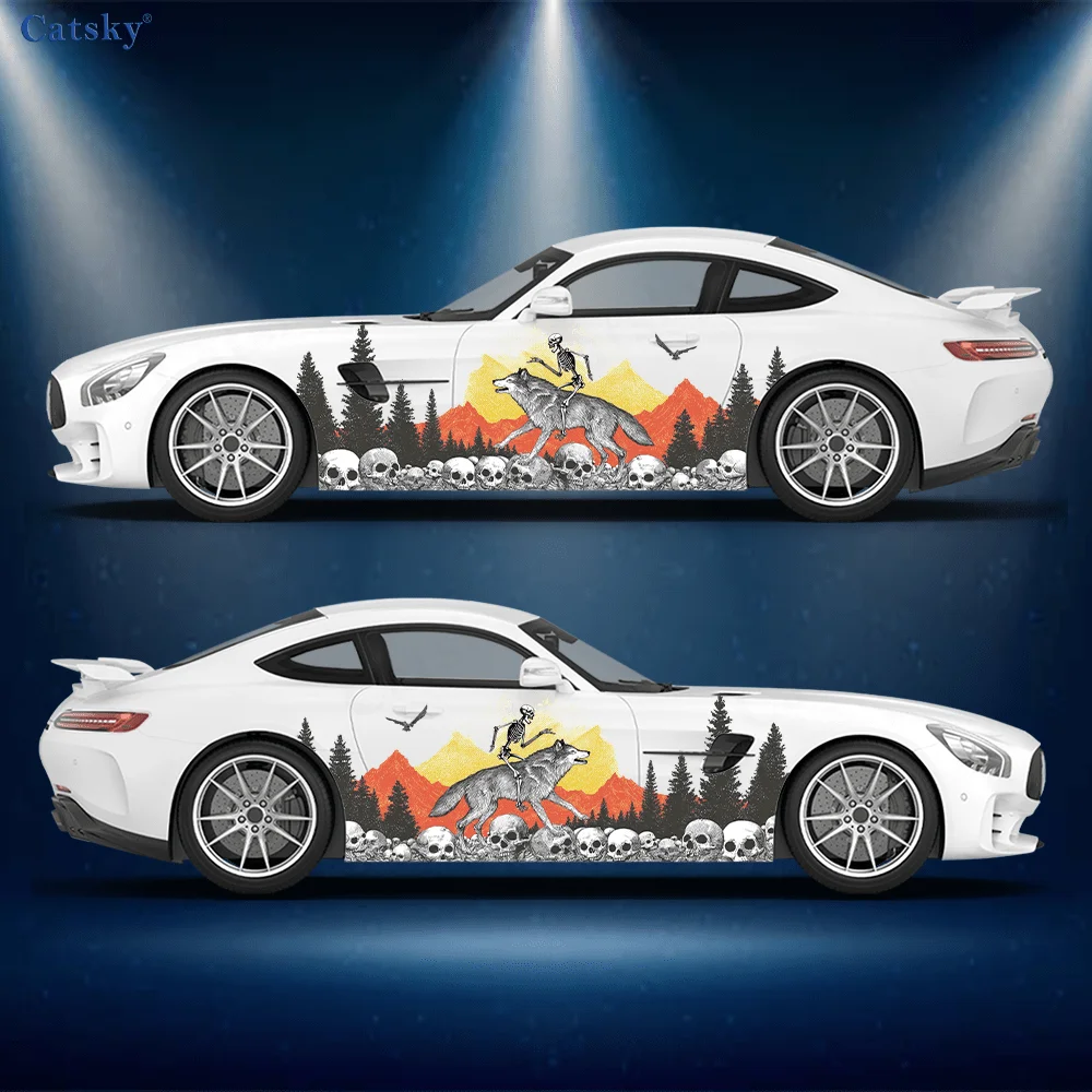 

Skull Riding Wolf Car Side Car Wraps, Self-Adhesive PVC Waterproof & Scratch-Resistant Stickers, Car Accessory Gift