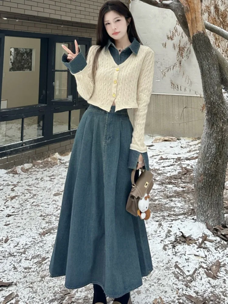 Korean Style Skirt Set 2 Piece Sets For Women Patchwork Knitted Fake Two Pieces Top Denim Skirt Slim Fashion Suit Spring Autumn