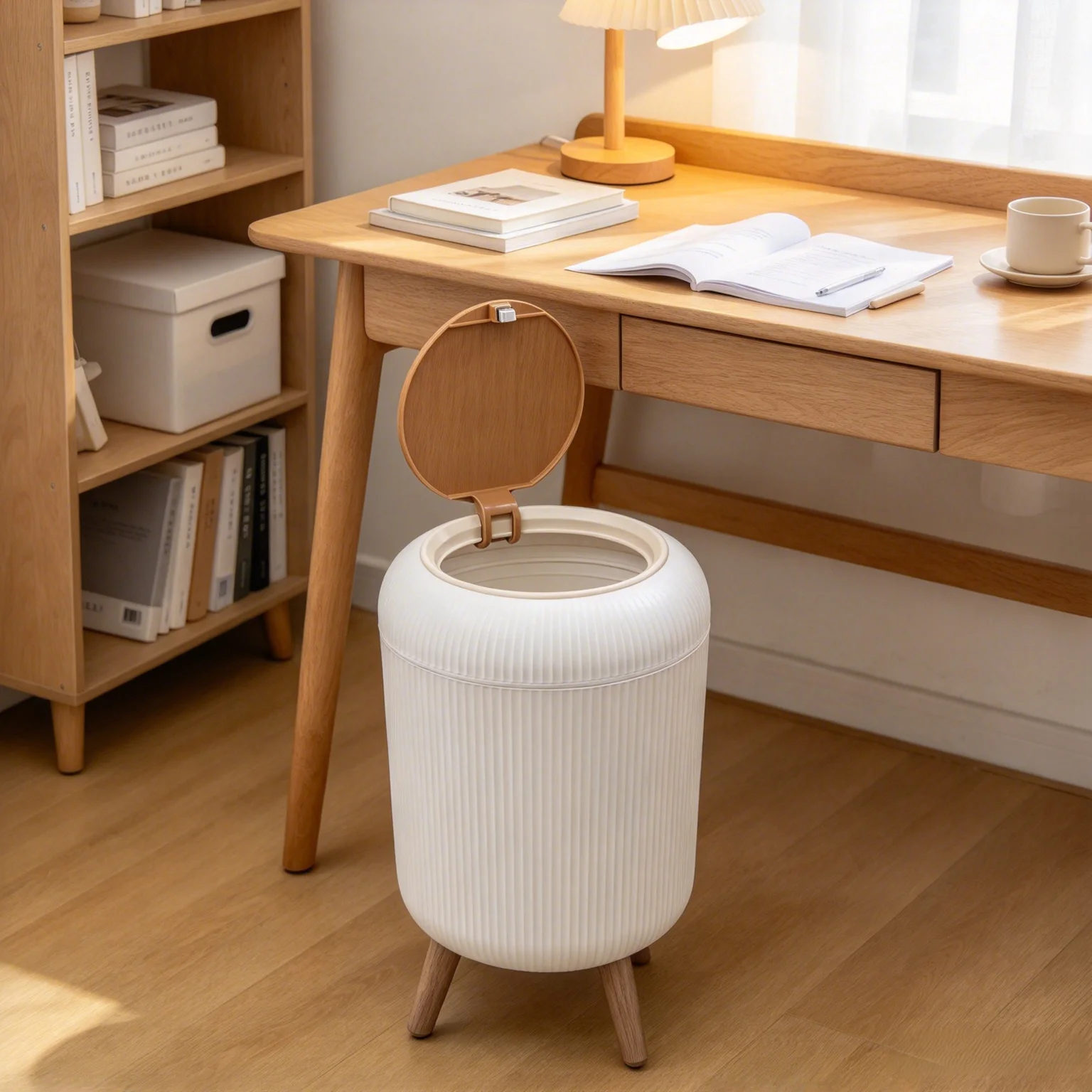 Elegant Vertical Ribbed Press‑Shut Lidded Garbage Bin, Decorative Waste Can with Marble‑Style Trim & Removable Elevated Legs for Home Interior Decoration