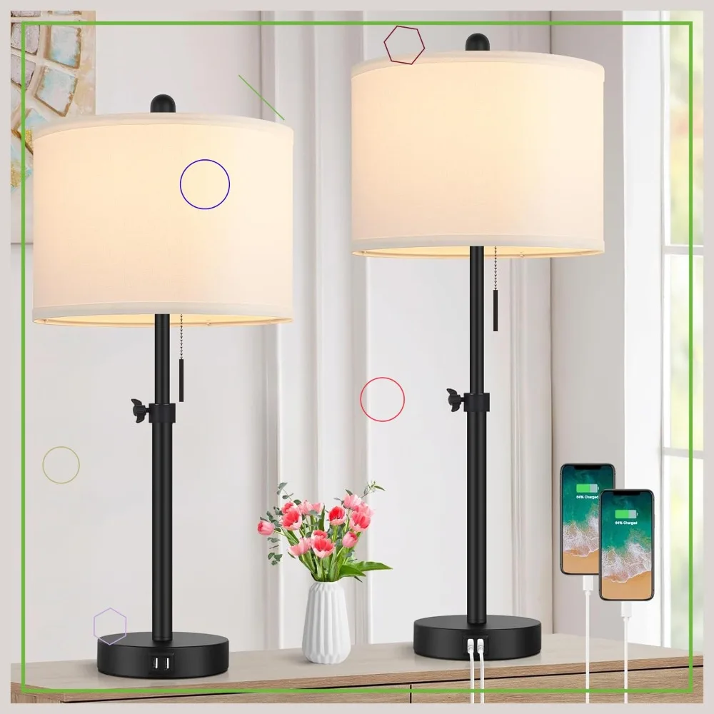 

Modern Adjustable Table Lamp Set of 2 with USB Ports, Black Base White Shade for Bedroom Living Room