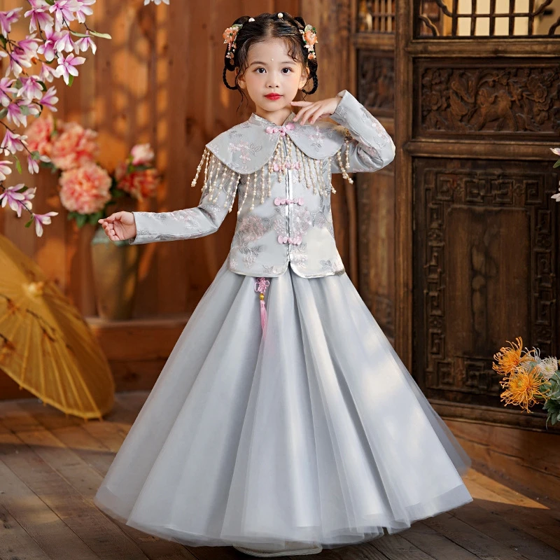 

Girl's Autumn Improved Cheongsam Autumn and Winter Two-piece Hanfu Republican Style Children's Winter Tang Suit