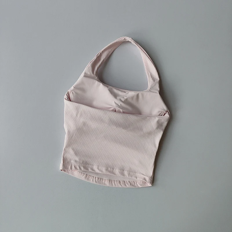 Kleines Neckholder-Top für Damen mit gerafftem Rücken, Sport-Lingerie, integriertes Yoga-Oberteil mit Brustpolster – Detail 10