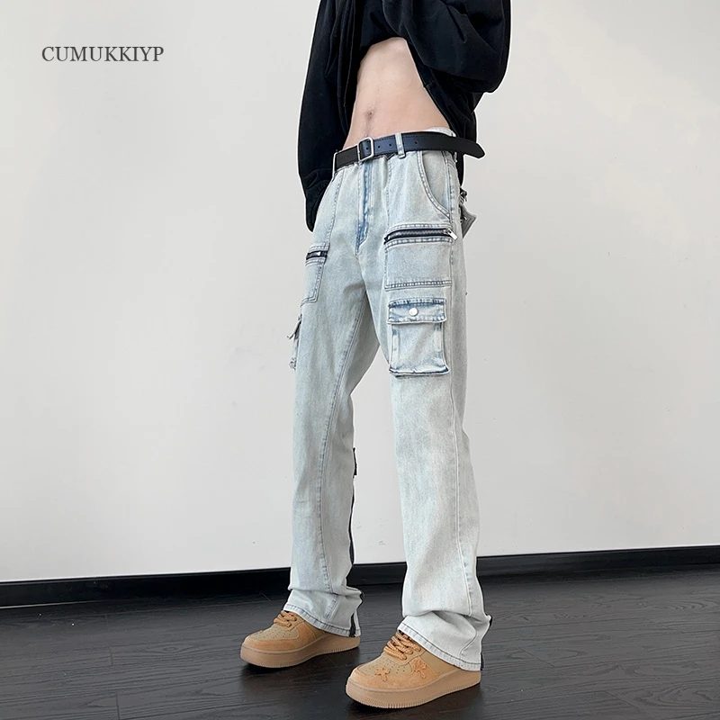 

CUMUKKIYP Men's Straight Leg Zipper Split Workwear Casual Jeans, American High Street Vibe with Slimming Effect