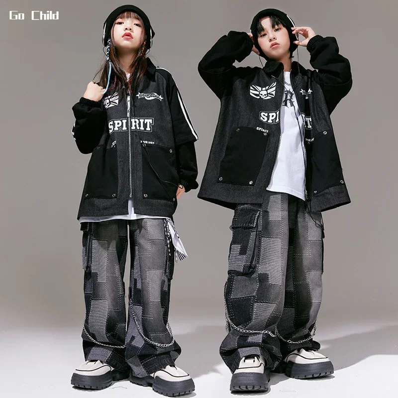 Hip Hop Boys Pocket Loose Jacket Plaid Jeans Girls Street Dance Coat Denim Pants Clothes Sets Kids Streetwear Child Jazz Costume