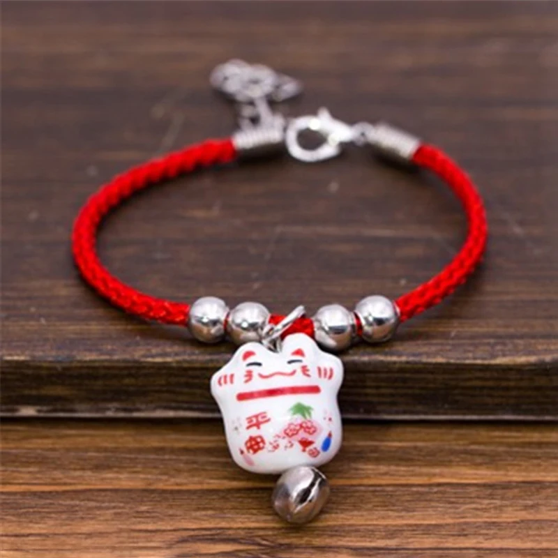 Cute Lucky Cat Ceramic Beads Safe Bracelet Red Rope Bangle Handmade Fashion Jewelry Adjustable Length