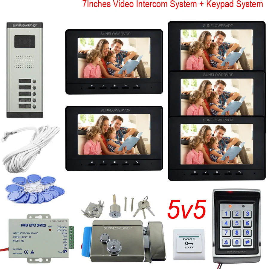 

For Apartments Access Control Rfid 3 4 5 6 Multi Call Buttons Intercom 7” Color Monitor Video Intercom + Electric Door Lock Kit