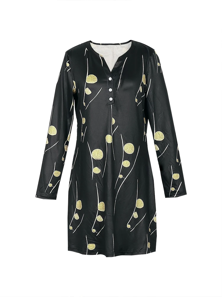 Women's Floral Printed Flat Barge Head Dress,Casual Button Front Long Sleeve Dress, V-Neck, Long Sleeve, Autumn, New