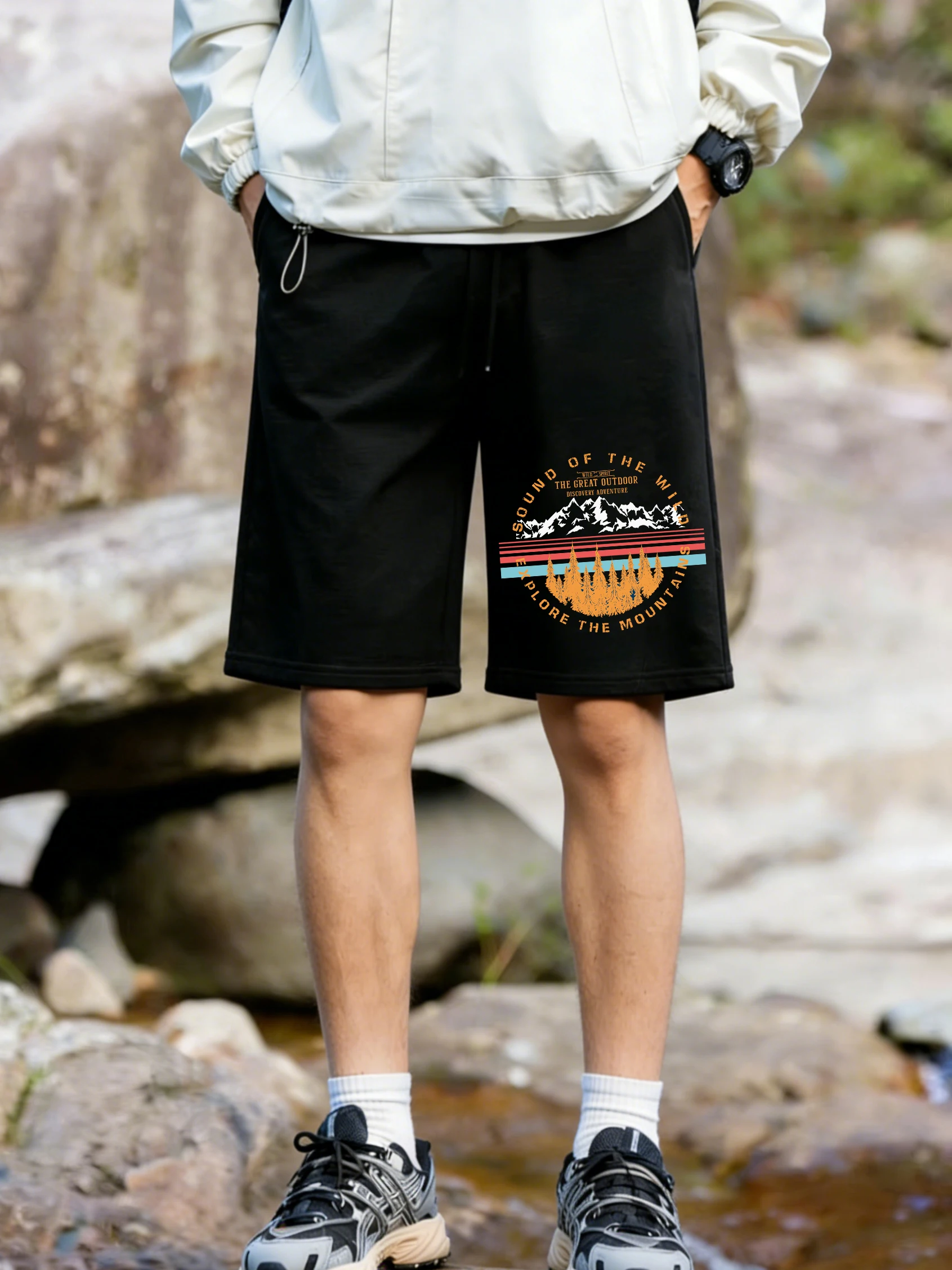 

Outdoor Adventure Printing Pants Mens Basics Pocket Wide Sporty Shorts Casual High Waisted Shorts Summer Oversized Male Clothes