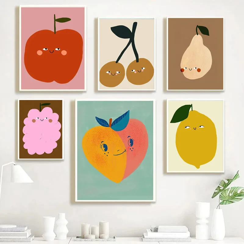 2026 Abstract Fruit Art Poster Lemon Apple Pear Cartoon Picture Canvas Printed Wall Decoration Children'S Room Gift Home Decor