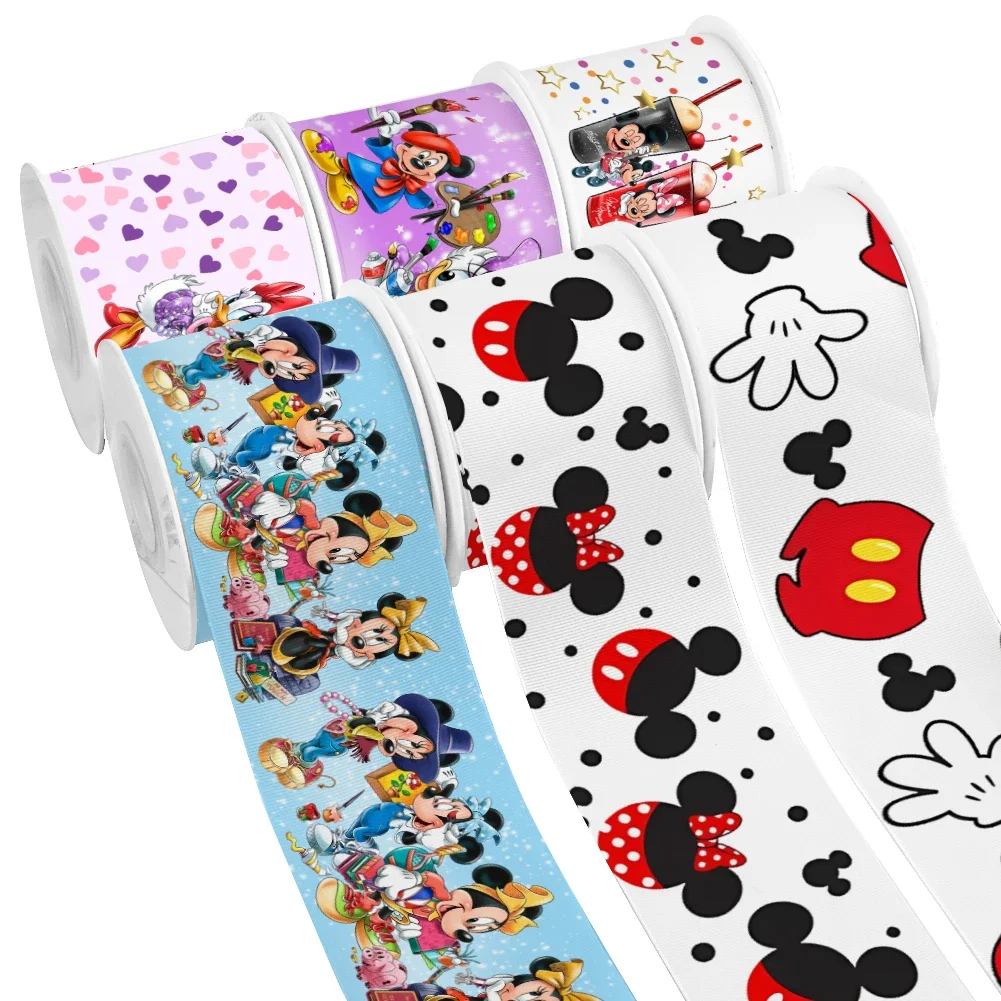 Disney Cartoon Mickey Minnie Mouse Pattern Design Printed Grosgrain Satin Ribbon for Gift Wrapping Hair Bow 50 Yards