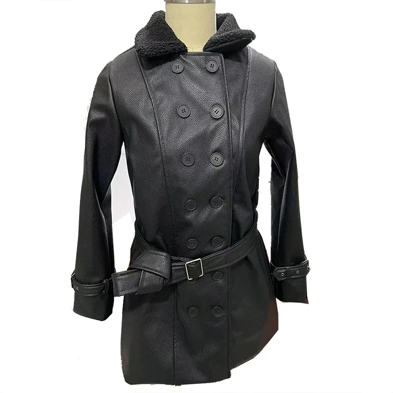 سترة جلدية نسائية ذات ياقة من الفرو متوسطة الطول على الطراز البريطاني سميكة موتو موشن ستريت طويل نمط مستقيم قطع معطف نسائي